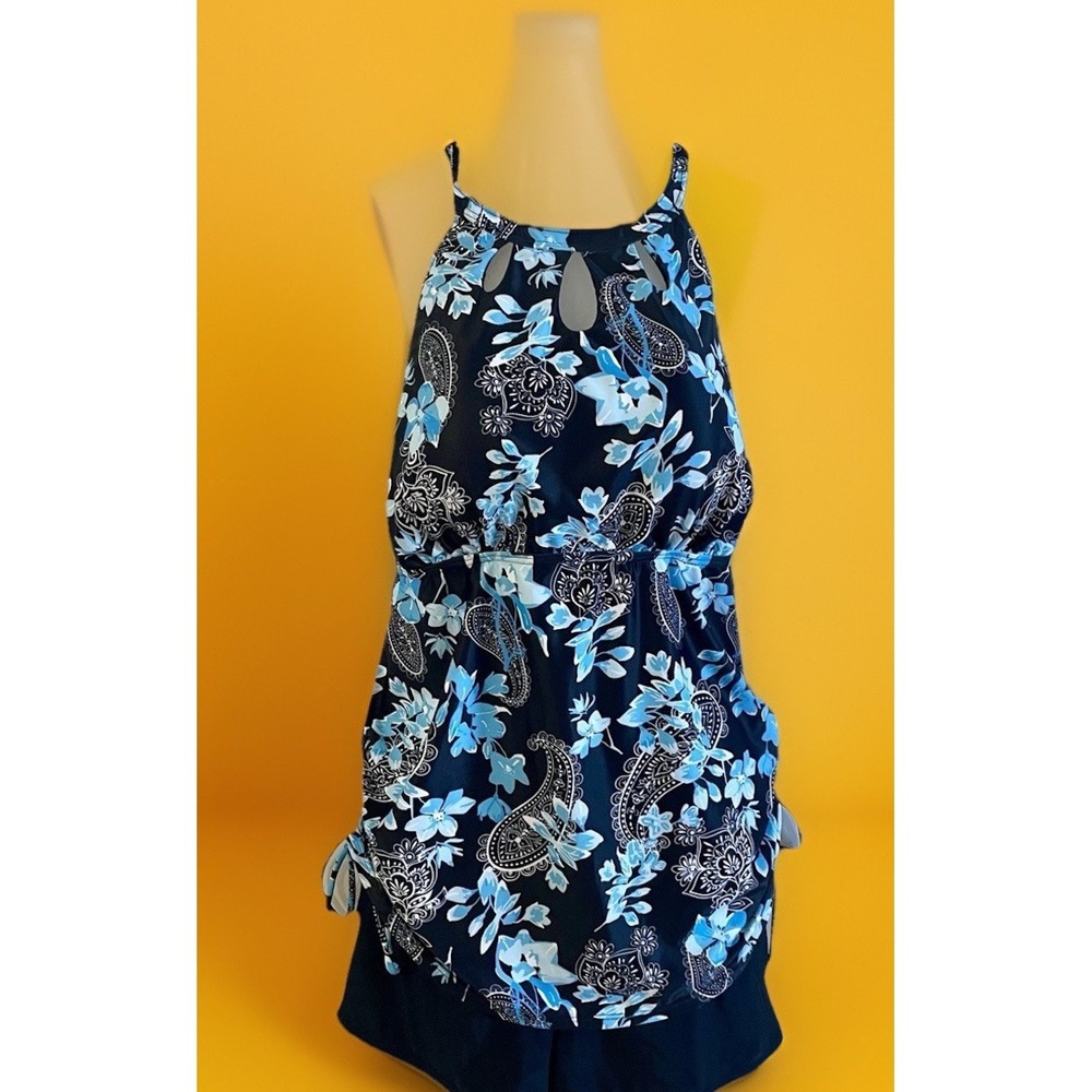 Aqua Eve Swim Tankini‎ 16W Womens Soft Drape Black Paisley Floral Swimsuit XL